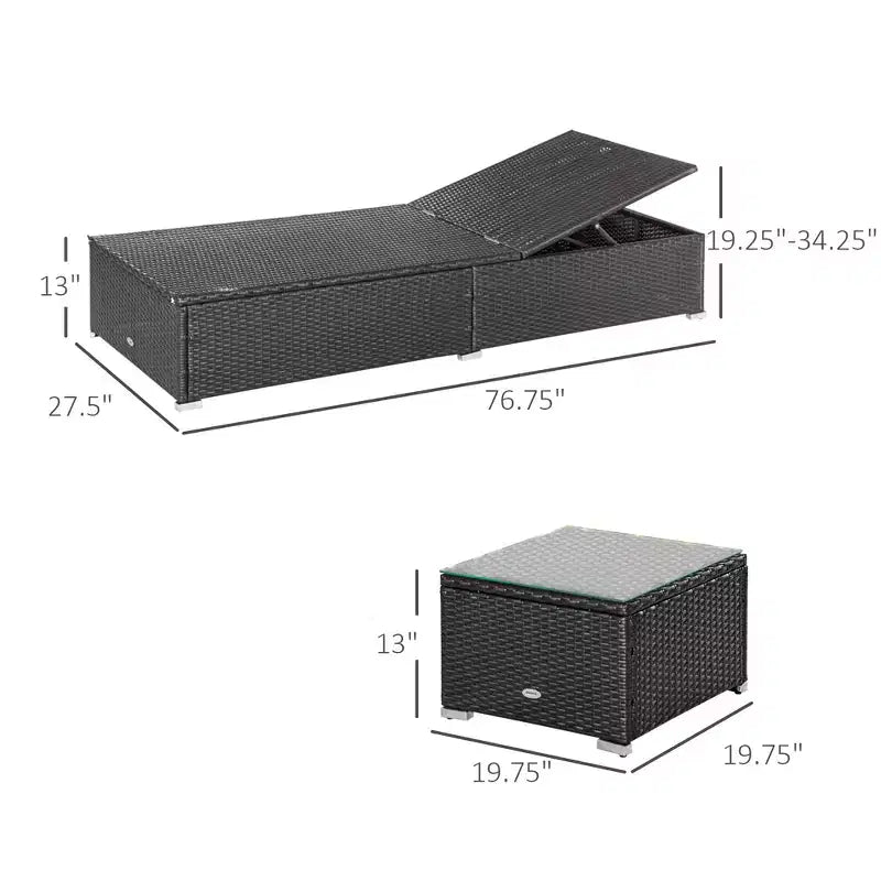 Set van 2 ligstoelen met rugleuning in 5 standen, buitensalontafel, waterafstotende kussens, ligstoelen van PE-rattan voor bij het zwembad