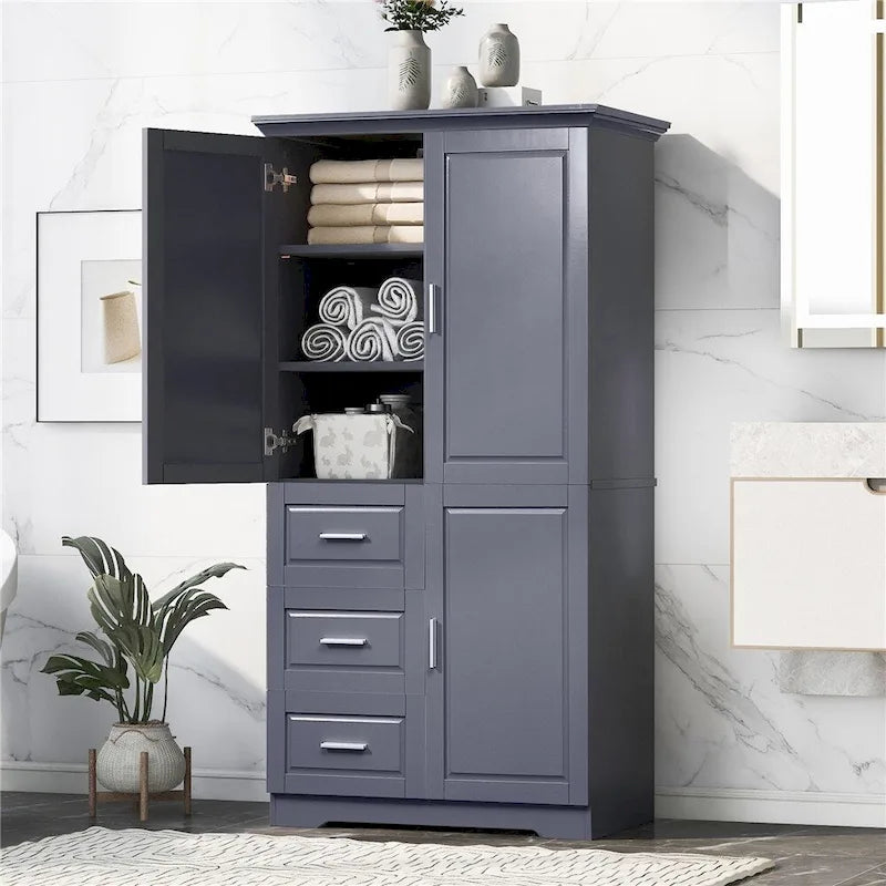 Armoire de rangement haute et large avec portes pour salle de bains, trois tiroirs