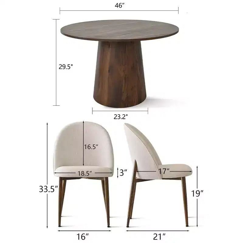 5-teiliges rundes Esszimmer-Set, 46-Zoll-Sockeltisch in Walnusston und gepolsterte Stühle ohne Armlehnen, für Frühstücksecken-Panipeachy
