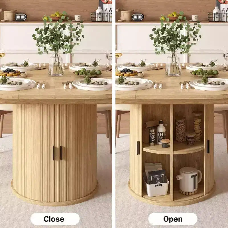 Tavolo da cucina e sala da pranzo rotondo allungabile Dyonery 63, con ripiano contenitore a 2 livelli e base a piedistallo, mobile da pranzo in legno ovale e circolare, noce