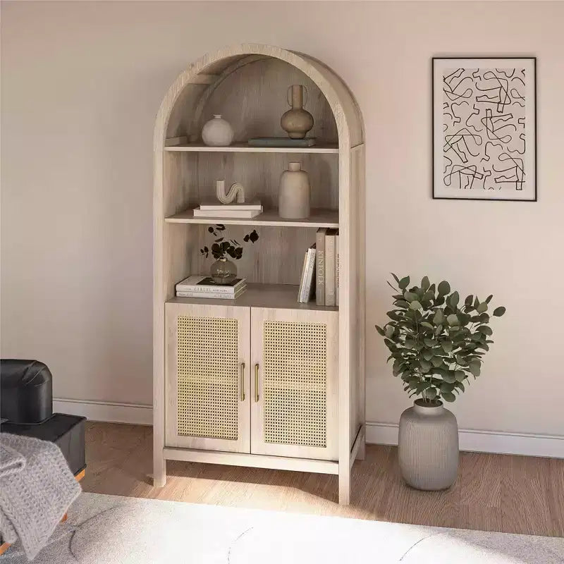 Vitrine bohème à portes cintrées avec 2 portes en faux rotin, 5 étagères réglables pour salon ou cuisine, beige