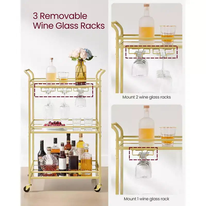 Carrello bar, carrello di servizio per bar domestico, piccolo carrello bar con 3 ripiani, portabottiglie e portabicchieri, carrello bar, 15 x 23.6 x 36.2 pollici