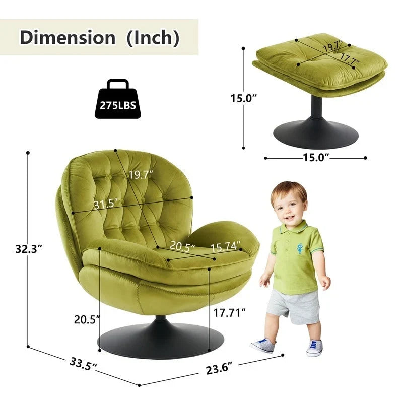 Fluwelen draaifauteuil met voetenbank, ronde leesfauteuil met voetenbankset, 360 draaibaar, metalen frame