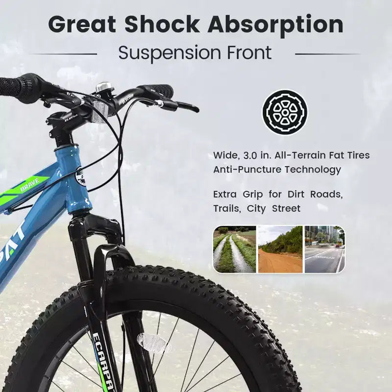 Bicicletta Okak da 24IN con pneumatici larghi e sospensione anteriore, mountain bike a 7 velocità con freno a disco e telaio in acciaio ad alto tenore di carbonio, bici da trail per gli spostamenti