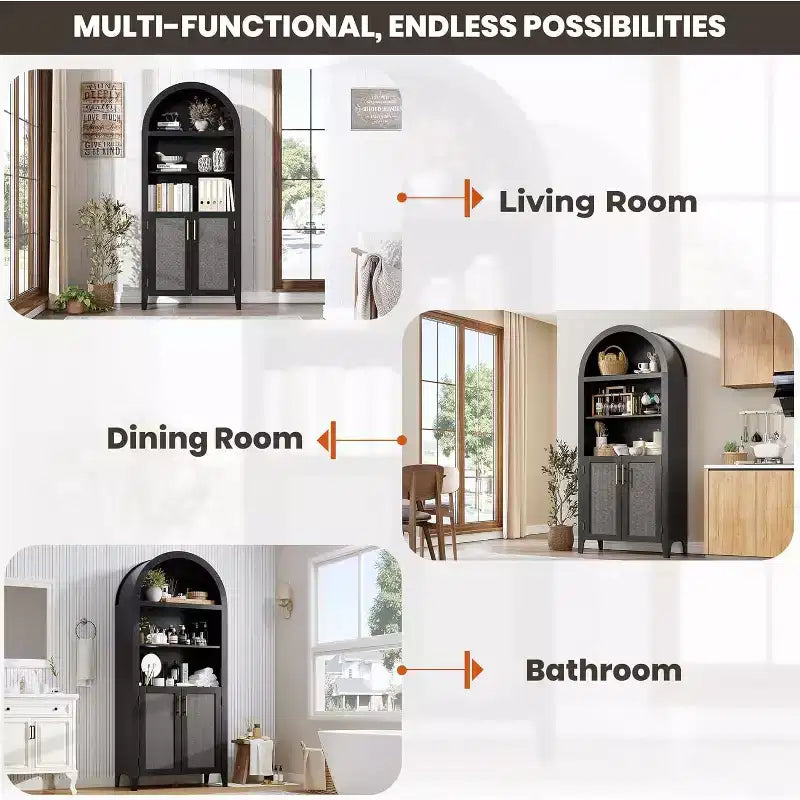 Acekool Vorratsschrank mit Rundbogen und Rattantüren, 5-stufiger Aufbewahrungsschrank im Landhausstil für Küche, Esszimmer und Wohnzimmer