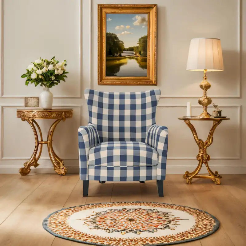 Moderne retro fauteuil met hoge rugleuning van 30.25 en houten poten voor de woonkamer