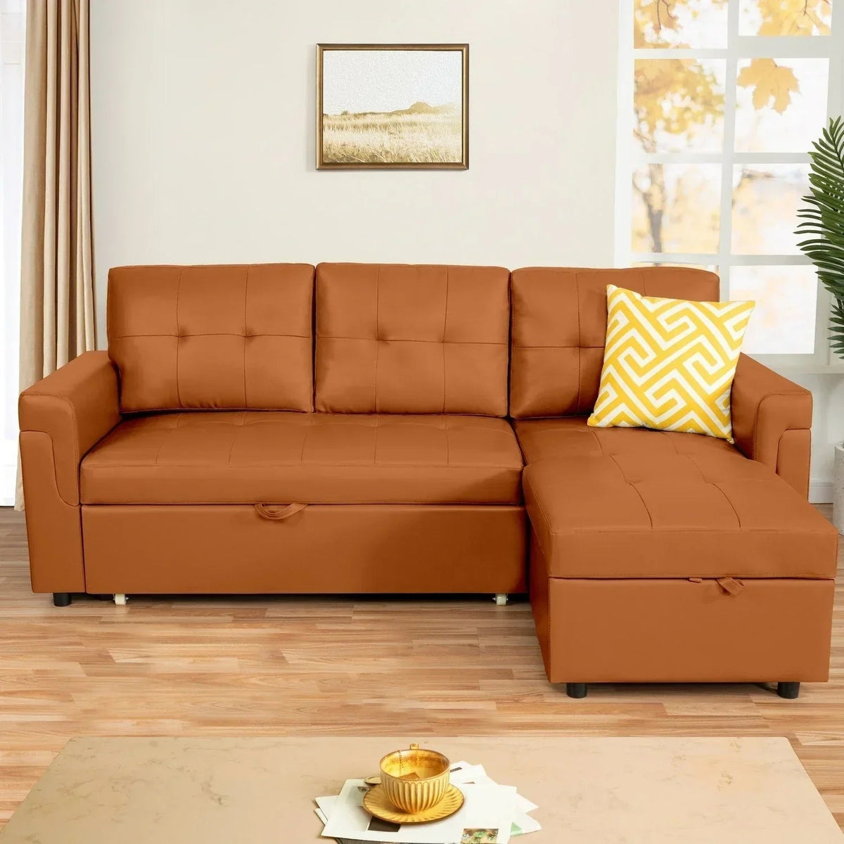 Umbaubares, beidseitig montierbares Ecksofa mit ausziehbarem Schlafbett, verstecktem Stauraum in der Recamiere und robusten Beinen