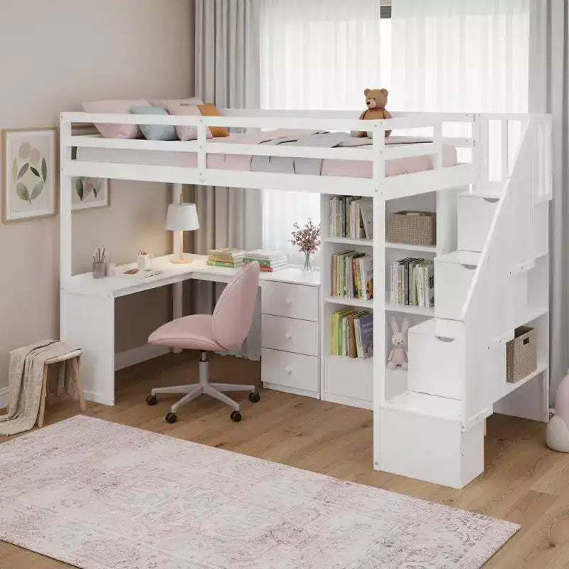 Lit mezzanine simple avec bureau en L, 3 tiroirs, armoire, rangement sous l’escalier, structure en pin massif/MDF