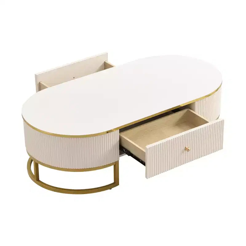 Table basse moderne 47W avec tiroirs, profil incurvé, pieds en métal doré, ovale, blanc et or - ModernLuxe