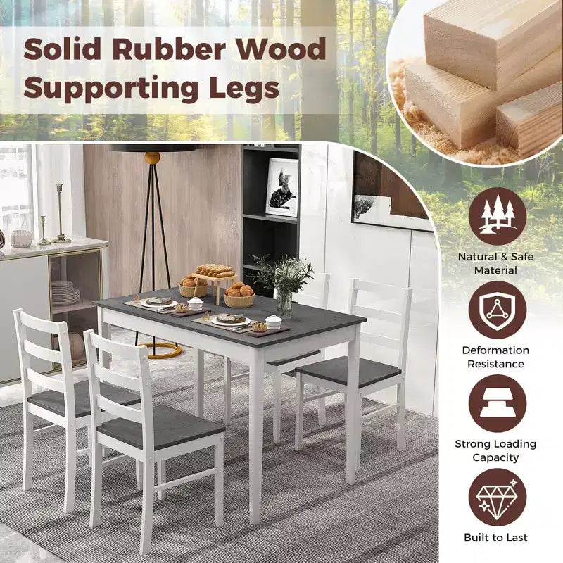 Costway 5-delige eetkamerset van massief hout, keukenmeubels met rechthoekige tafel en 4 stoelen, naturel/koffiekleur/grijs
