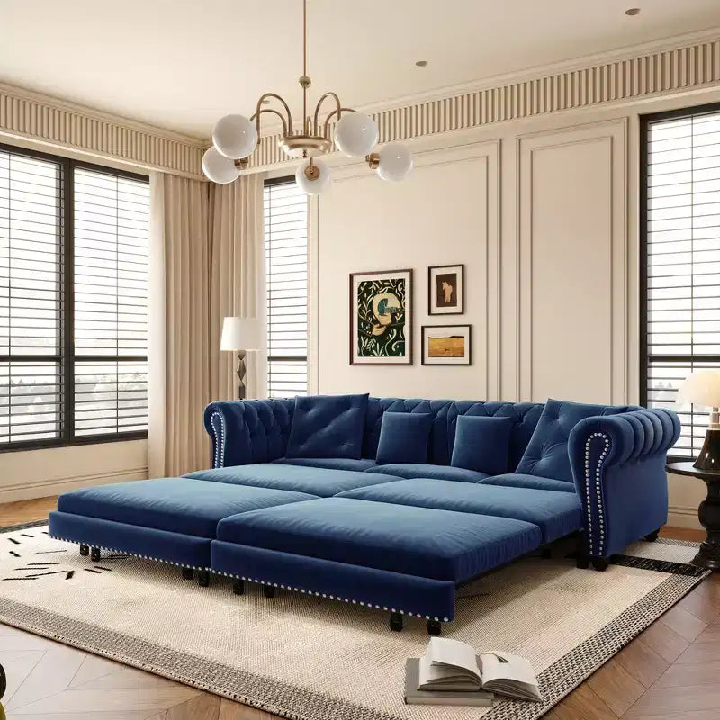 Whisen Schlafsofa aus Samt, 3-in-1, King Size, ausziehbar und umwandelbar, mit beweglichem Ottomanen, gestepptes Design