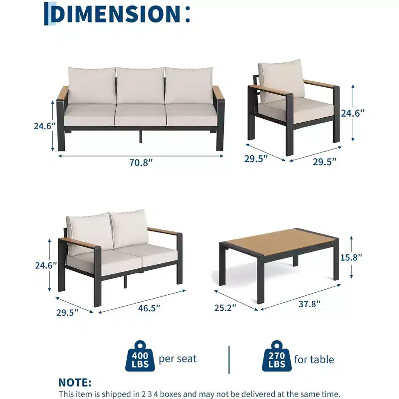 Ensemble de mobilier de patio en aluminium, canapé d’angle d’extérieur avec 5 coussins épais, 4 accoudoirs et table basse pour le jardin, la terrasse ou la cour