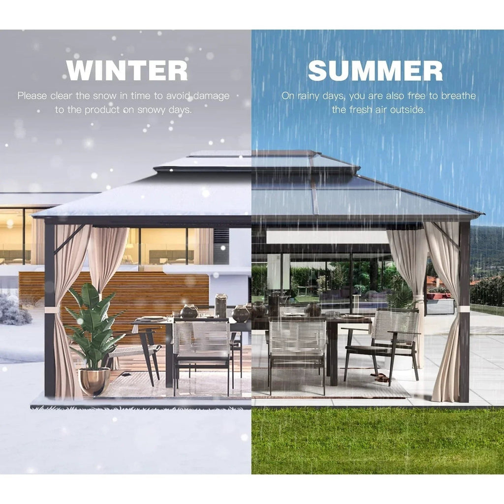 EROMMY hardtop-paviljoen, pergola voor buiten met dubbel dak, netten en gordijnen, extra stevig zonnescherm voor terras, achtertuin en zwembadfeest