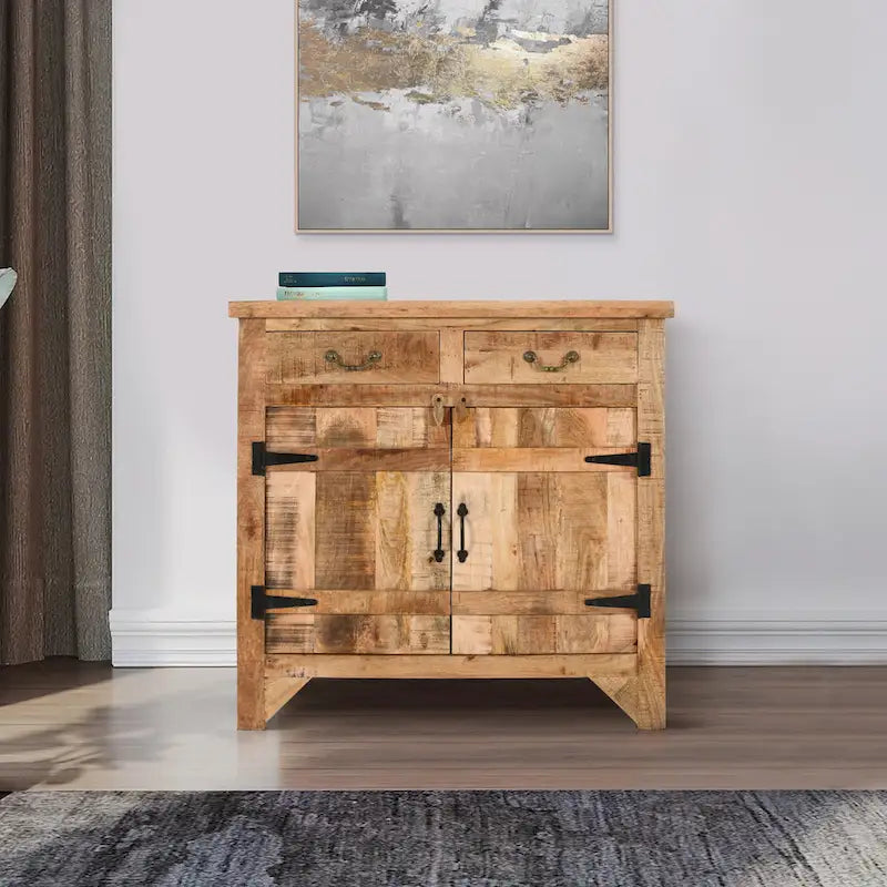 Mobile consolle in legno di mango artigianale in stile rustico, con 2 cassetti e 2 ante, largo 39 pollici, marrone rustico