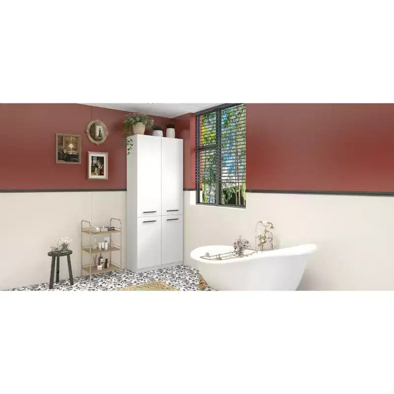 Mobiletto moderno bianco Famapy per il bagno con cesto portabiancheria al livello inferiore