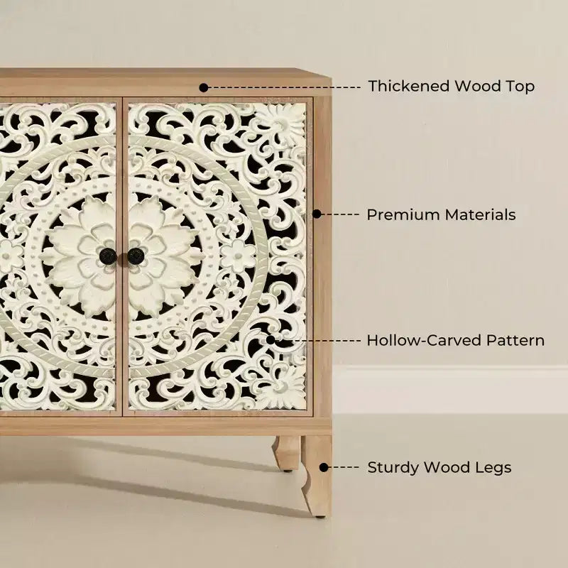 Credenza con contenitore, mobile contenitore dall'aspetto vissuto con 4 ante intagliate e ripiano regolabile, credenza decorativa in legno