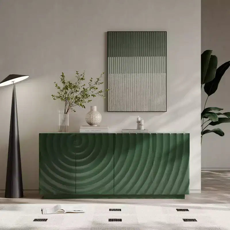 Credenza moderna a spirale 59, mobile contenitore basso per ingresso con ante dalla texture ondulata 3D