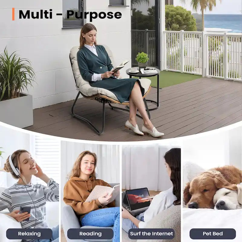 Papasan-Sessel aus PE-Rattan mit Kissen für drinnen und draußen