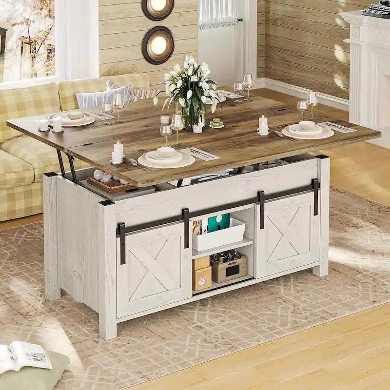 Table basse relevable avec 2 portes coulissantes de style grange, rangement et table à manger
