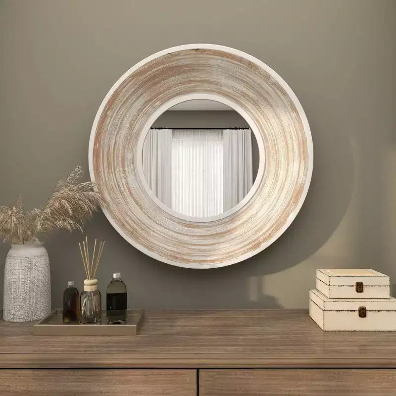 Specchio da parete in legno 35x35 con finitura effetto bianco decapato color crema - Olivia & May: nessun montaggio richiesto, cornice in MDF, per interni