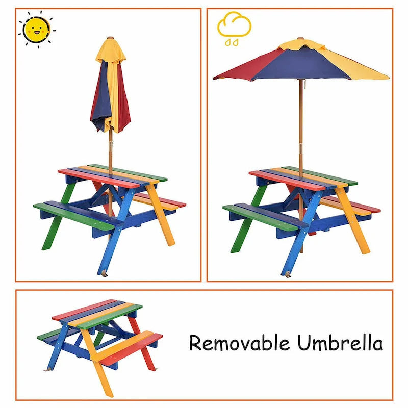 Costway Kinder-Picknicktisch mit 4 Sitzplätzen, Sonnenschirm, für Garten und Hof, klappbar