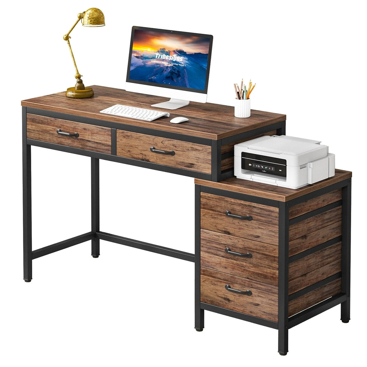 Wendbarer Computerschreibtisch mit 5 Schubladen, Schreibtisch fürs Homeoffice mit Aktenschublade und Druckerständer