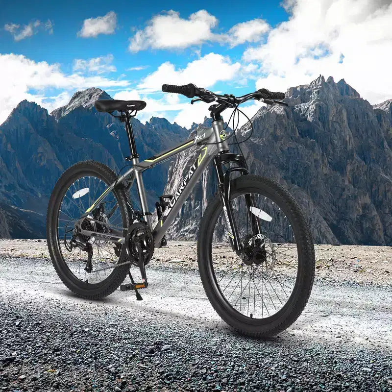 Okak mountainbike van 24 inch met stalen frame, kinderfiets met Shimano 21 versnellingen, dubbele schijfremmen en vering vooraan, fiets voor tieners