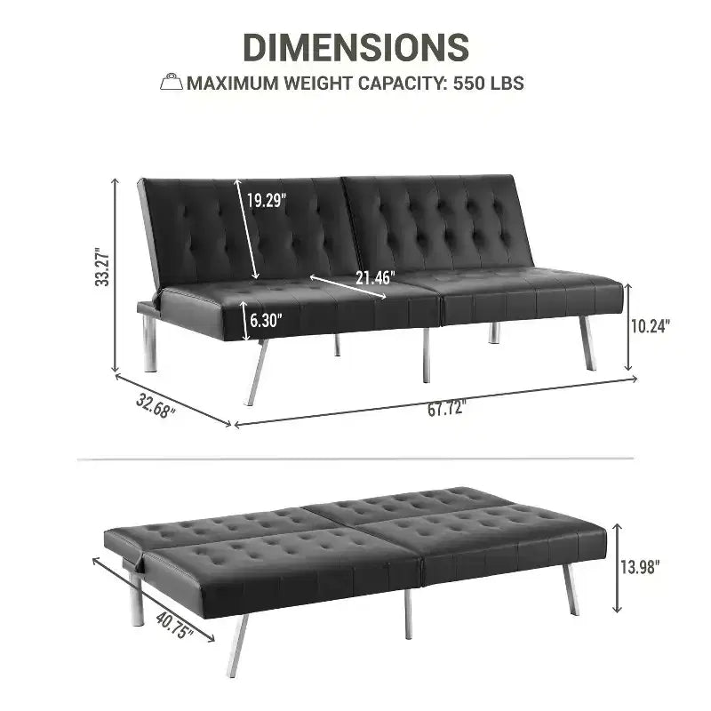 Getuftetes Futonsofa mit geteilter Rückenlehne, Schlafsofa mit verchromten Beinen