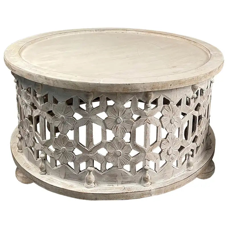 Set di 2 tavolini rotondi in legno da 30 pollici, con motivo floreale intagliato, bianco anticato