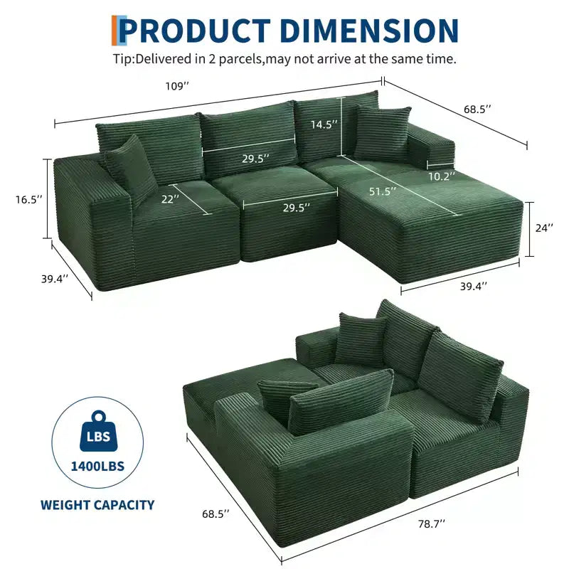108 Modernes 3-Sitzer-Sofa, gepolstertes Sofa in L-Form mit Kissen, Sofa mit tiefer Sitzfläche, keine Montage erforderlich