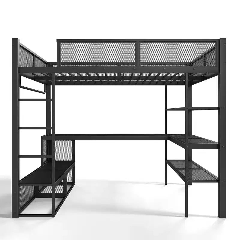 Bellemave metalen hoogslaper in queensize met bureau, opbergplanken en kledingroede, ruimtebesparend hoogslaperframe met veiligheidsrelingen en ladder, geen bedbodem nodig, zwart