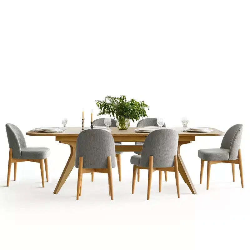 Eetkamerset met 7 delen, uitschuifbare tafel van 78-96 met schraagonderstel en gestoffeerde stoelen met poten van massief hout-Panipeachy