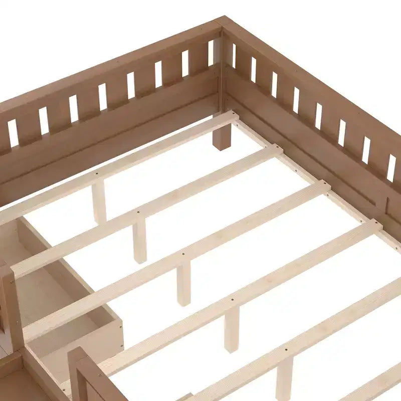 Lit pour enfant Bellemave format queen avec 14 barrières de sécurité, cadre de lit compact avec bibliothèque intégrée et 2 tiroirs de rangement sous le lit