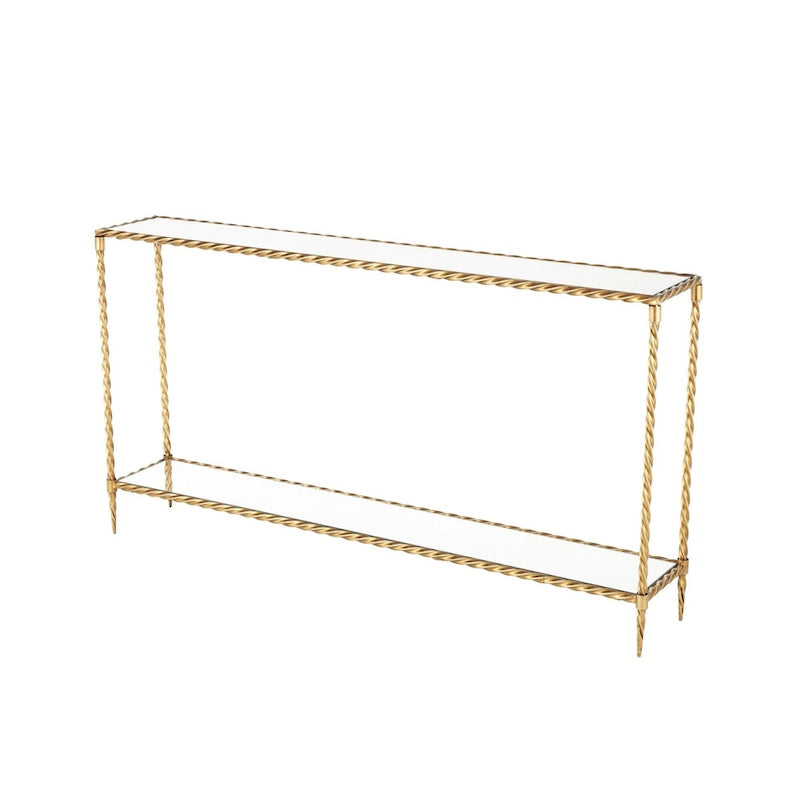 Konsolentisch mit 1 Ablage, inspiriert von gedrehtem Metallseil, mit verspiegelter Glasplatte und Ablage - Gold - Roche River Decor