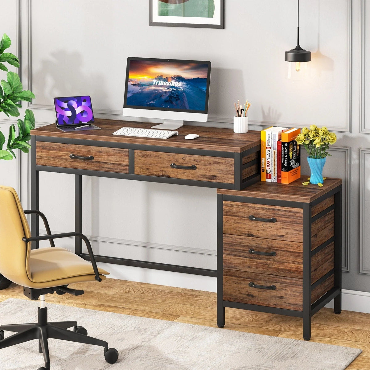 Wendbarer Computerschreibtisch mit 5 Schubladen, Schreibtisch fürs Homeoffice mit Aktenschublade und Druckerständer