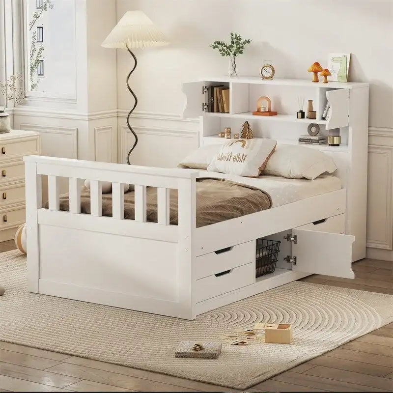 Letto a piattaforma Captain singolo/matrimoniale con 4 cassetti e ripiani contenitori, struttura in legno massello con testiera libreria contenitore