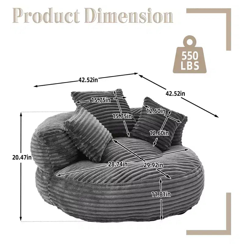 Sitzsacksofa für Erwachsene und Kinder, übergroßer Cord-Sitzsack mit 3 Kissen und Armlehnen für Wohnzimmer und Schlafzimmer - ModernLuxe