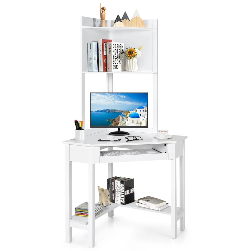 Bureau d’angle avec étagère supérieure, bureau d’ordinateur triangulaire avec bibliothèques