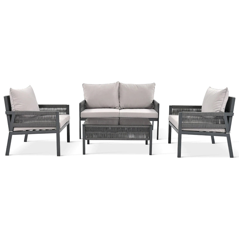 4-delige tuinmeubelset, loungeset voor buiten met tafel van gehard glas, diepe zit en dikke kussens