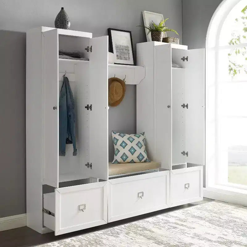 Ensemble d’entrée Harper 4 pièces avec banc, étagère et 2 placards de rangement : organisateur avec porte-manteau - Crosley
