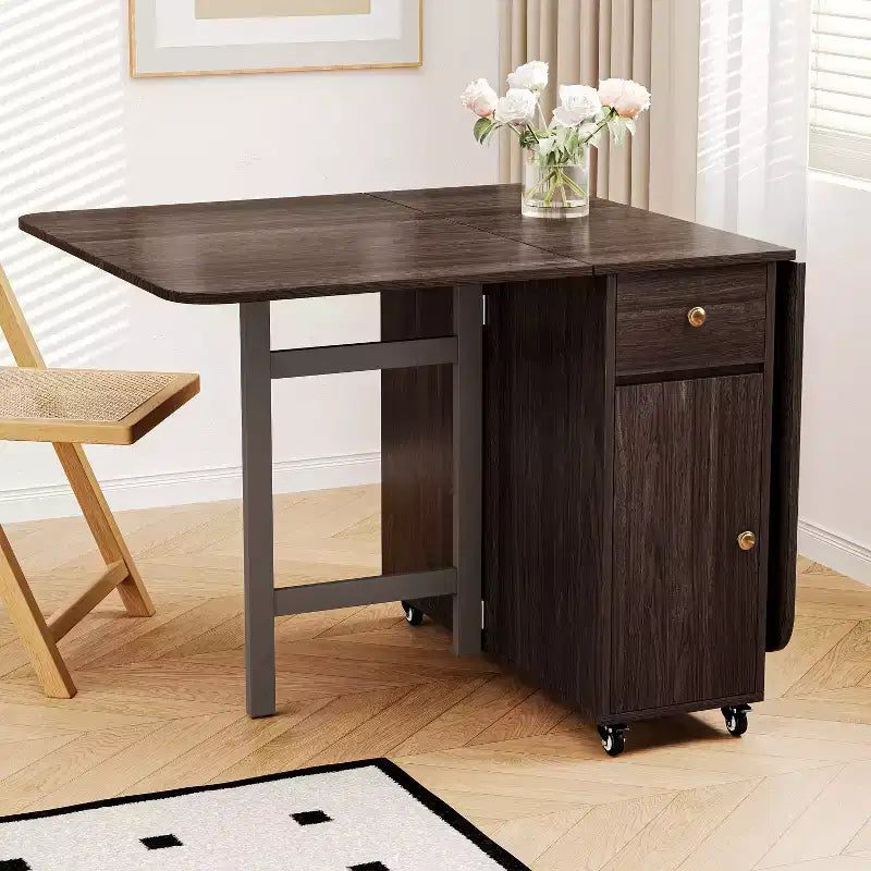 ATJafurn opklapbare eettafel van 59 inch met neerklapbare bladen voor kleine ruimtes, rechthoekige uitschuifbare houten keukentafel met wielen en opbergruimte