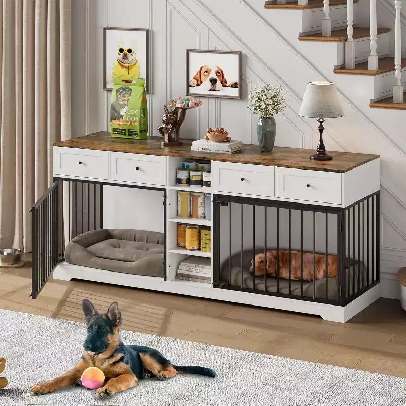 Meuble double cage pour chiens 82, grand chenil d’intérieur pour 2 chiens, cage en bois robuste faisant office de meuble TV avec 4 tiroirs et des étagères