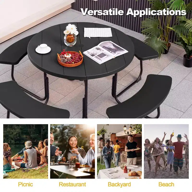 Costway Rundes Picknicktisch-Bank-Set für 8 Personen für den Außenbereich, mit 4 Bänken und Schirmloch, Schwarz/Grau/Grün/Weiß