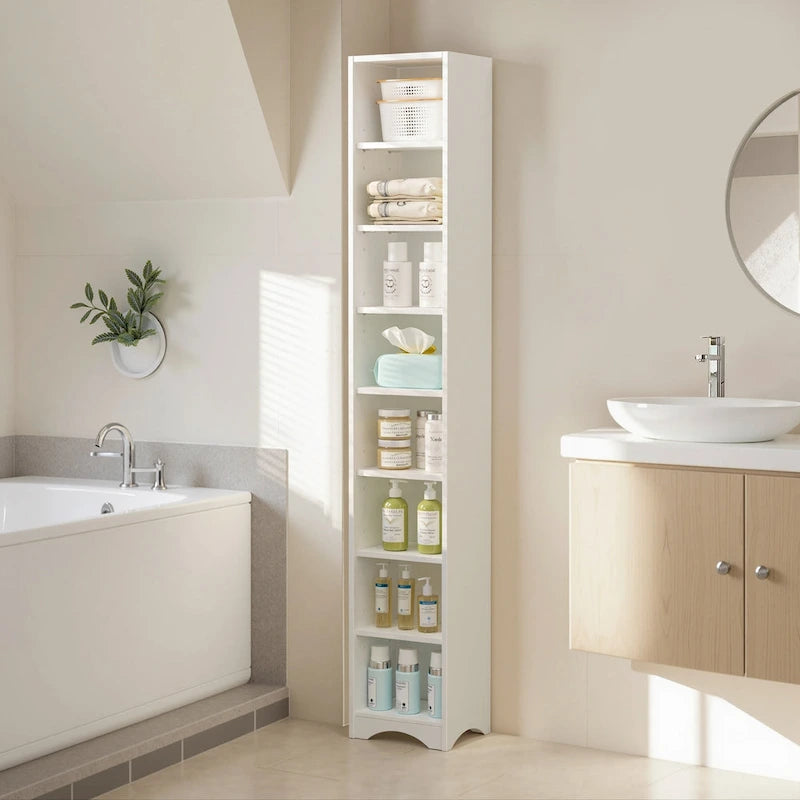 Armoire à linge étroite VECELO de 70.9 pouces de haut pour salle de bains, meuble de rangement autoportant en bois massif à 8 niveaux