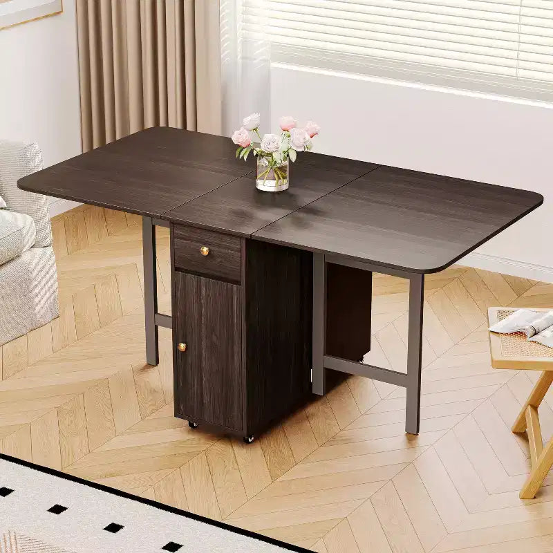 ATJafurn opklapbare eettafel van 59 inch met neerklapbare bladen voor kleine ruimtes, rechthoekige uitschuifbare houten keukentafel met wielen en opbergruimte