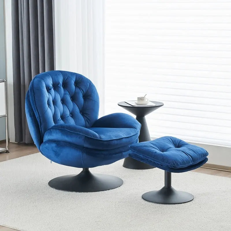Fluwelen draaifauteuil met voetenbank, ronde leesfauteuil met voetenbankset, 360 draaibaar, metalen frame