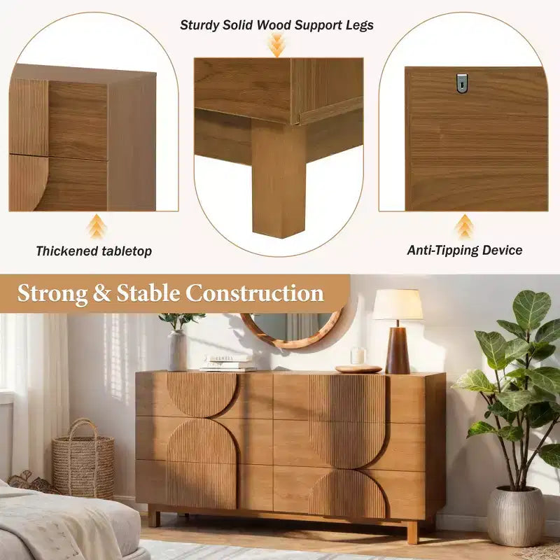 Moderne geometrische Kommode mit 6 Schubladen, breiter Stauraumschrank mit Halbkreismuster für Schlafzimmer und Wohnzimmer