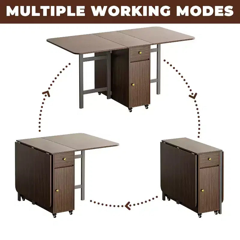 ATJafurn opklapbare eettafel van 59 inch met neerklapbare bladen voor kleine ruimtes, rechthoekige uitschuifbare houten keukentafel met wielen en opbergruimte