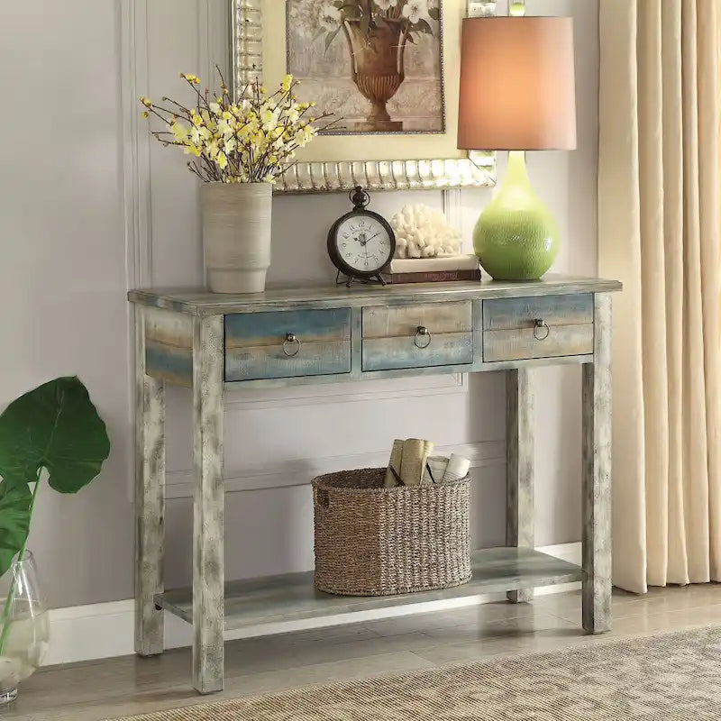 Consoletafel met 3 laden in antiekgrijs en blauwgroen