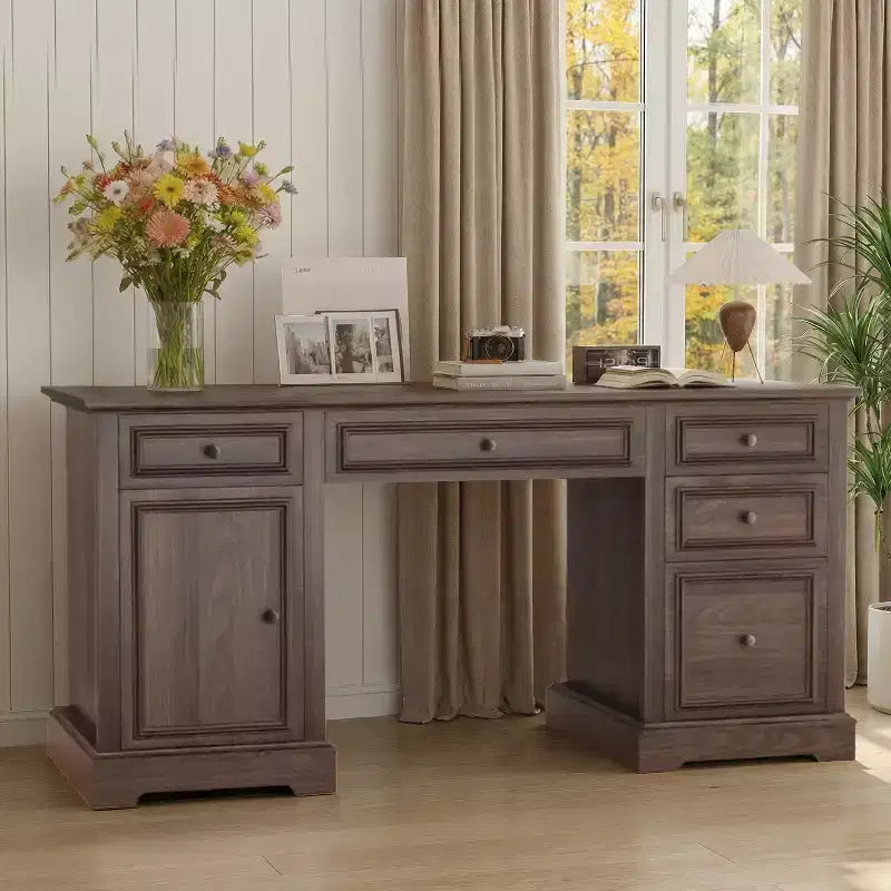 Scrivania direzionale stile rustico da 60 per ufficio domestico - scrivania in legno con cassetti e vani contenitori, scrivania rustica per lavorare o studiare